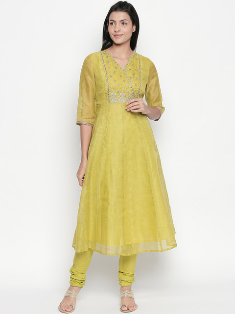

RANGMANCH BY PANTALOONS Women Lime Green Embroidered Kurta with Churidar