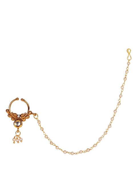 

ANIKAS CREATION Gold-Plated Off White Beaded Traditional Bridal Nose Ring With Chain