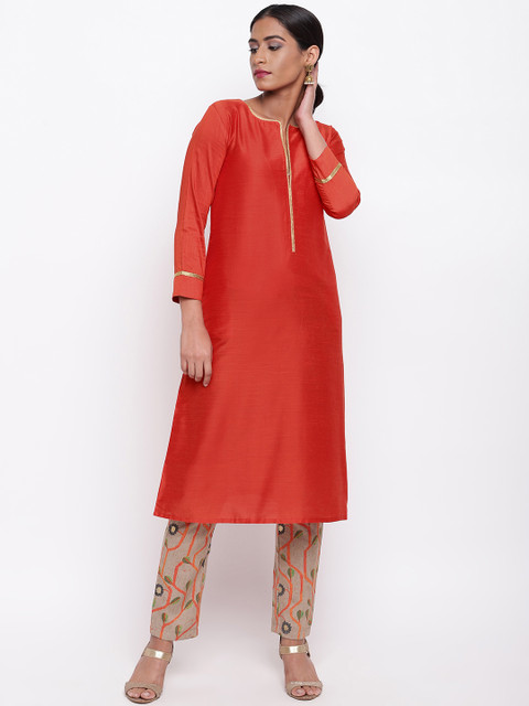 

trueBrowns Women Orange & Beige Solid Kurta with Trousers