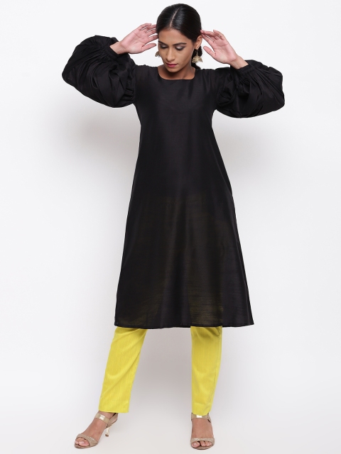 

trueBrowns Women Black & Yellow Solid Kurta with Trousers