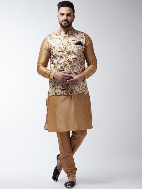 

I Know Men Beige & White Solid Dupion Silk Kurta with Churidar & Nehru Jacket