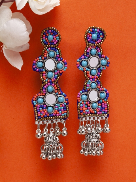 

Moedbuille Brass Plated Blue & Silver-Toned Handcrafted Classic Drop Earrings