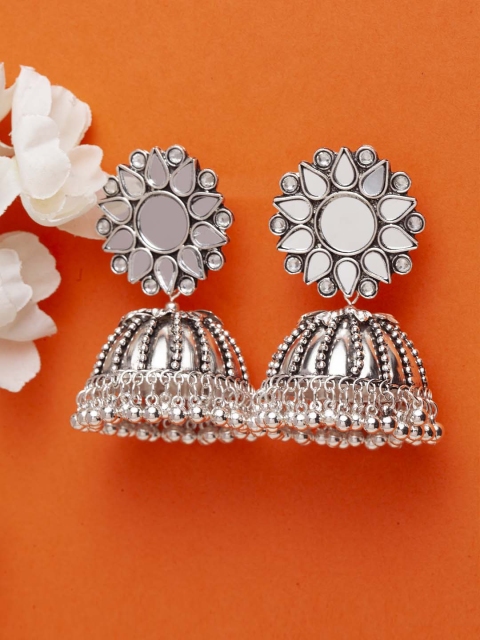 

Moedbuille Brass Plated Silver-Toned Handcrafted Dome Shaped Jhumkas