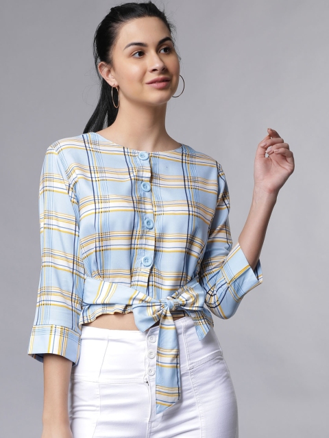 

Tokyo Talkies Women Blue & White Checked Tie-Waist Crop Top
