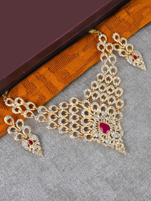 

Crunchy Fashion Gold-Plated Maroon & White Artificial Stone Studded Jewellery Set
