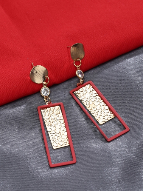 

ZeroKaata Gold-Toned & Red Lightweight Handcrafted Geometric Drop Earrings