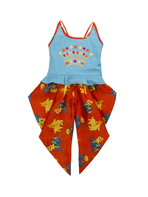 

KID1 Girls Blue & Orange Embroidered Dupion Silk Kurti with Dhoti Pants