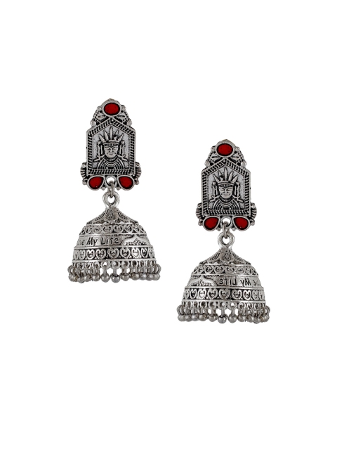 

Silvermerc Designs Silver-Plated & Maroon Dome Shaped Jhumkas