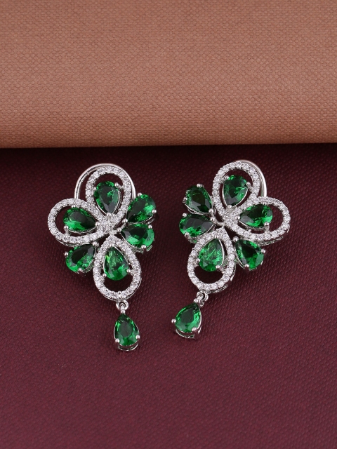 

Shoshaa Green & Silver-Plated CZ-Studded Floral Drop Earrings