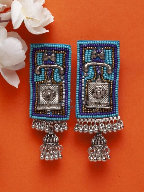 

Moedbuille Blue & Silver-Toned Quirky Handcrafted Filigree Work Drop Earrings
