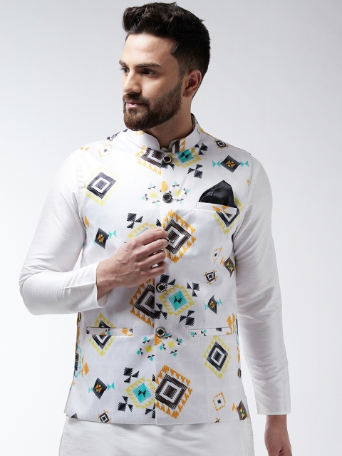 

I Know Men White & Yellow Printed Satin Nehru Jacket