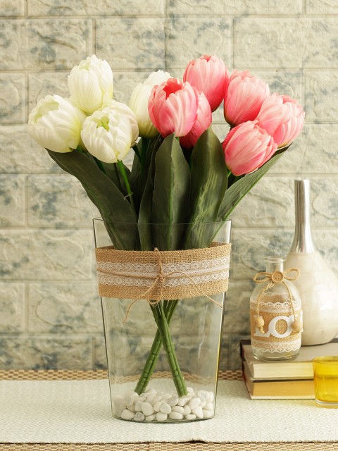 

TIED RIBBONS Pink & Green Set of 2 Flower Bunches With Glass Pot