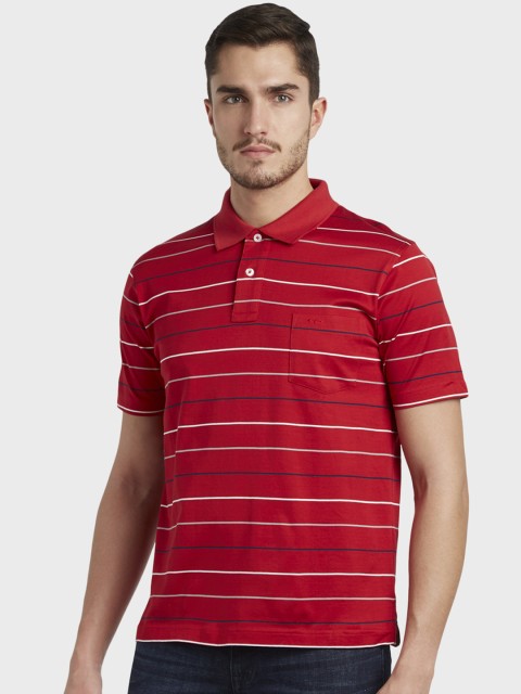 

ColorPlus Men Red & Navy Blue Striped Polo Collar T-shirt