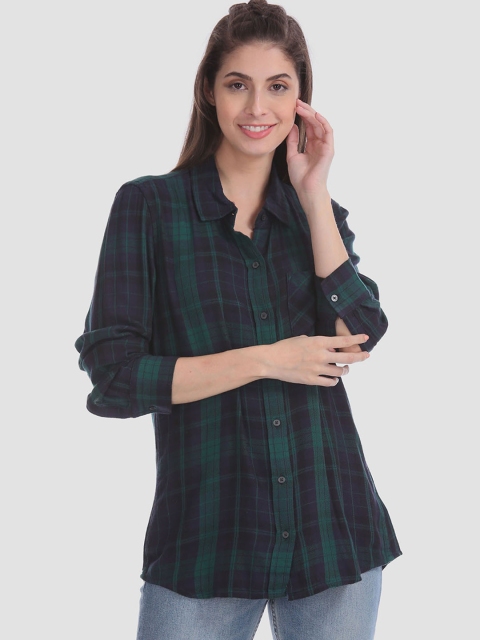 

GAP Women Blue & Green Checked Regular Fit Casual Shirt