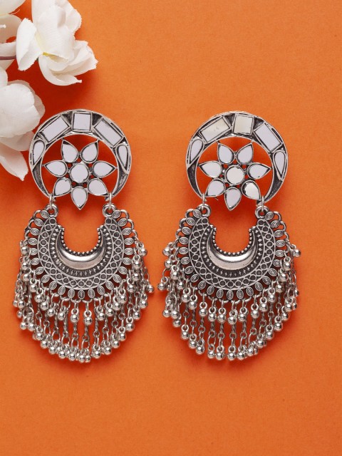 

Moedbuille Silver-Toned Floral Hand Cut Mirror Oxidised Drop Earrings