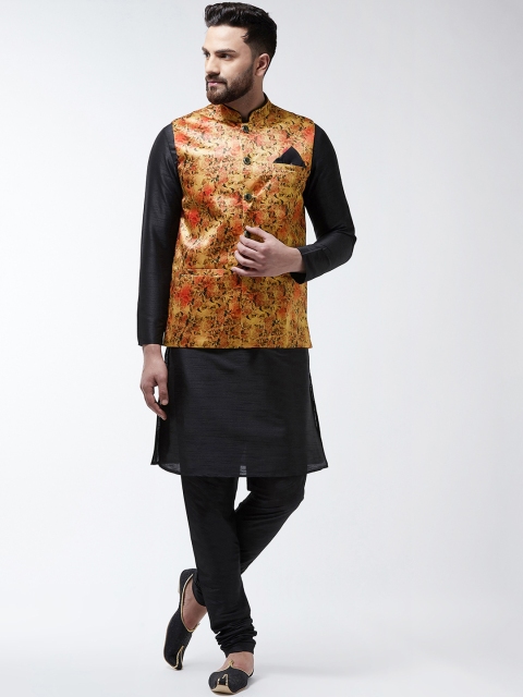 

I Know Men Black & Beige Solid Dupion Silk Kurta with Churidar & Nehru Jacket