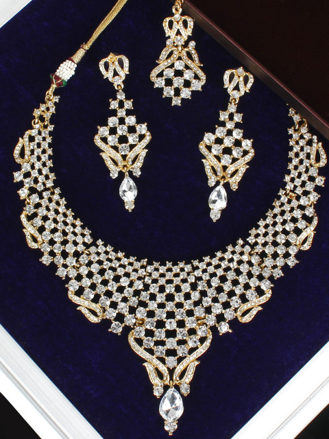 

Crunchy Fashion Gold-Plated White Crystal Embellished Jewellery Set