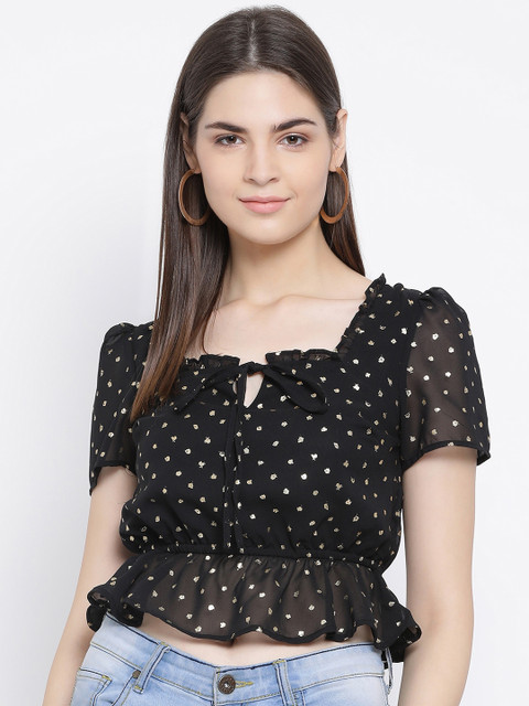 

Oxolloxo Women Black Printed Cinched Waist Top