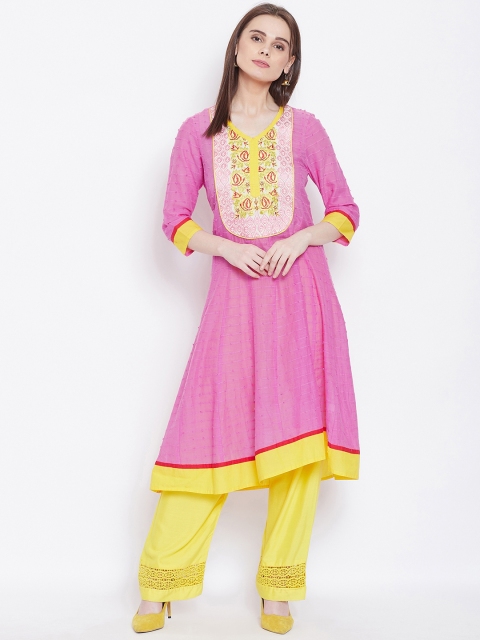 

AASK Women Pink & Yellow Embroidered A-line Kurta