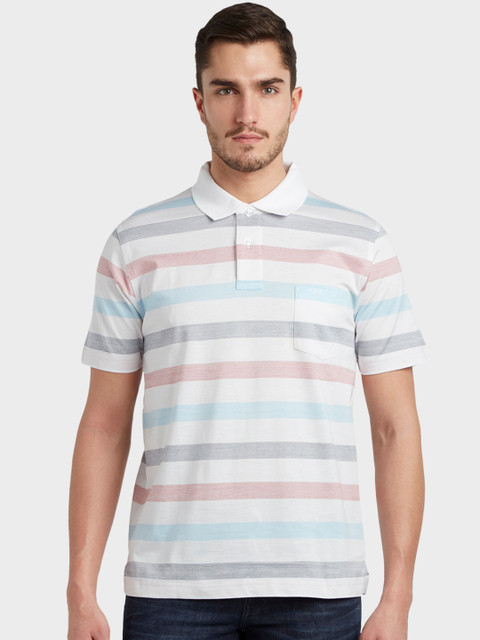 

ColorPlus Men White & Blue Striped Polo Collar T-shirt