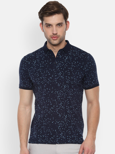 

V Dot Men Navy Blue Printed Slim Fit Polo Collar T-shirt