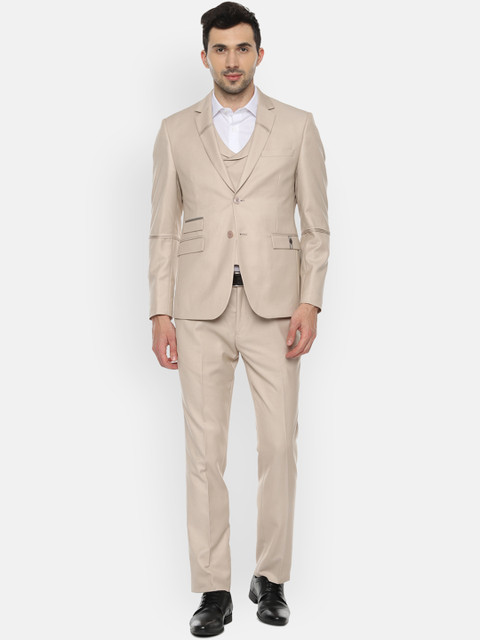

V Dot Men Beige Self-Design Single-Breasted Slim-Fit Suit