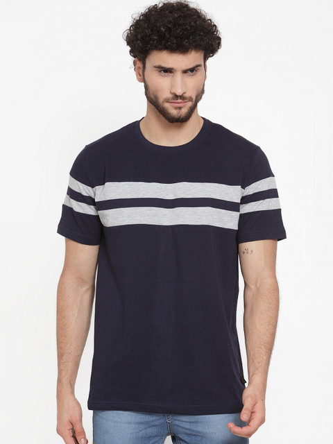

Rodzen Men Navy Blue Striped Round Neck T-shirt