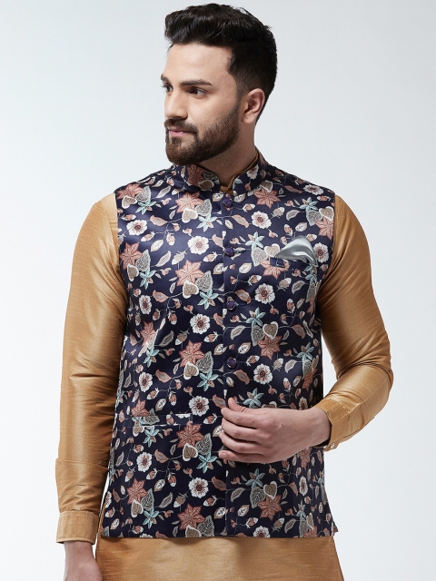 

I Know Men Navy Blue & Peach Printed Satin Nehru Jacket