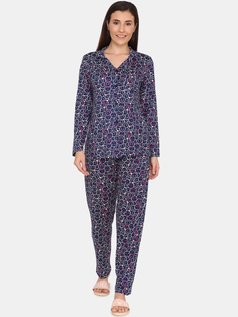 

Zivame Women Navy Blue Printed Night Suit