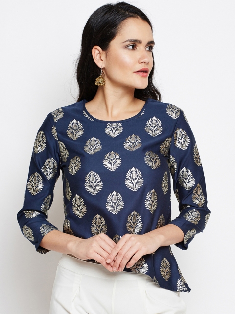 

Be Indi Women Navy Blue & Silver-Coloured Embroidered Top