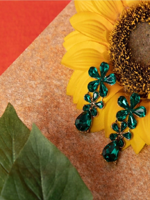 

ANIKAS CREATION Green Gold-Plated Floral Drop Earrings