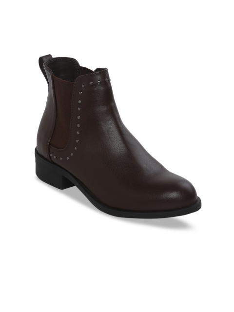 

Mode by Red Tape Women Coffee Brown Solid Synthetic Mid-Top Flat Boots