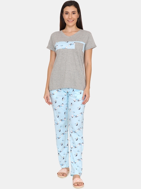

Zivame Women Grey & Blue Printed Night Suit