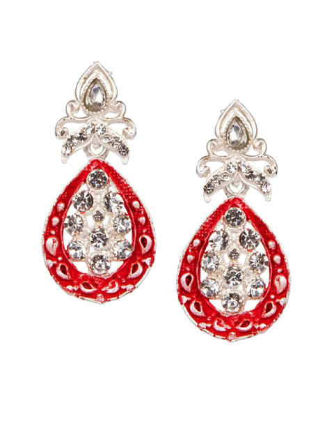

ANIKAS CREATION Red & Silver-Plated Handcrafted Teardrop Shaped Drop Earrings