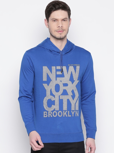 

Mufti Men Blue Printed Hooded Sweatshirt
