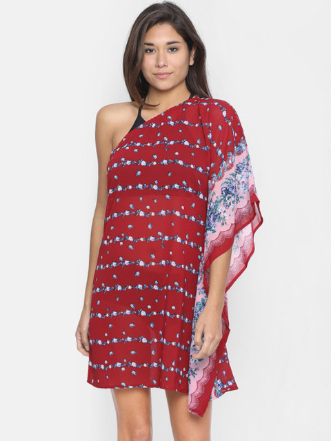 

The Kaftan Company Women Red & Blue Floral Printed One-Shoulder Kaftan Cover-Up Dress