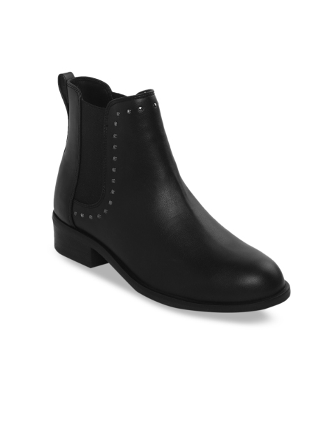 

Mode by Red Tape Women Black Solid Synthetic High-Top Flat Boots