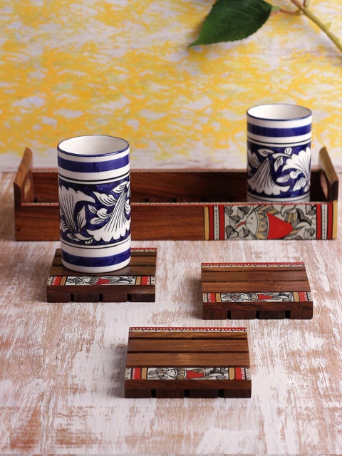 

VarEesha Brown & Black Sheesham Wood Hand-Painted Tray With 6 Coasters