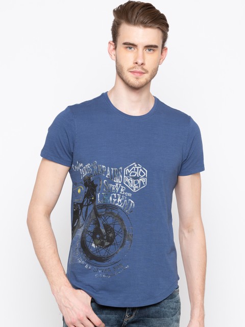 

SPYKAR Men Blue & Black Printed Round Neck T-shirt
