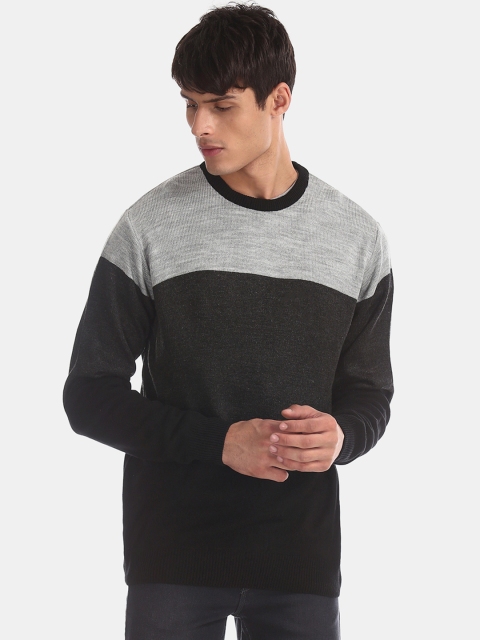 

Ruggers Men Grey & Black Colourblocked Pullover Sweater