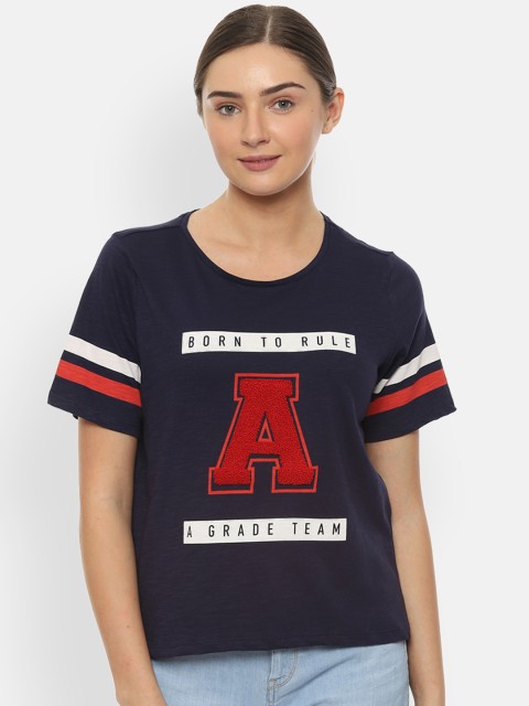

People Women Navy Blue Printed Round Neck T-shirt