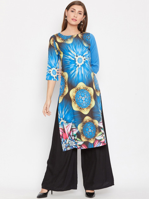 

AASK Women Turquoise Blue & Yellow Printed Calf-Length Straight Kurta