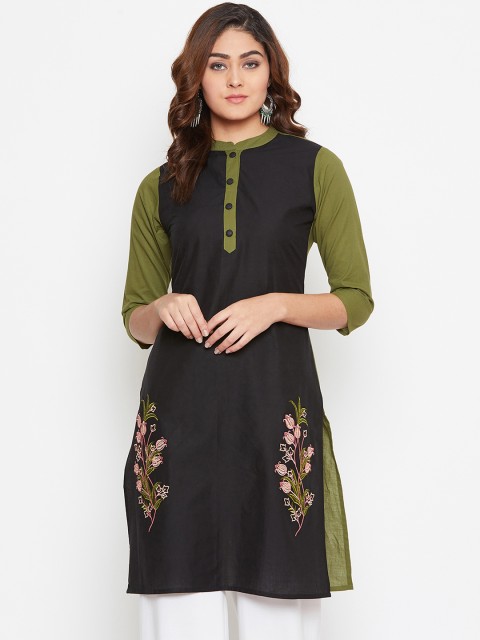 

rangeelo rajasthan Women Black & Olive Green Colourblocked Straight Kurta