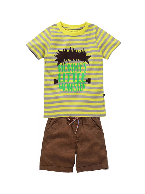 

KiddoPanti Boys Yellow & Brown Striped T-shirt with Cargo Shorts