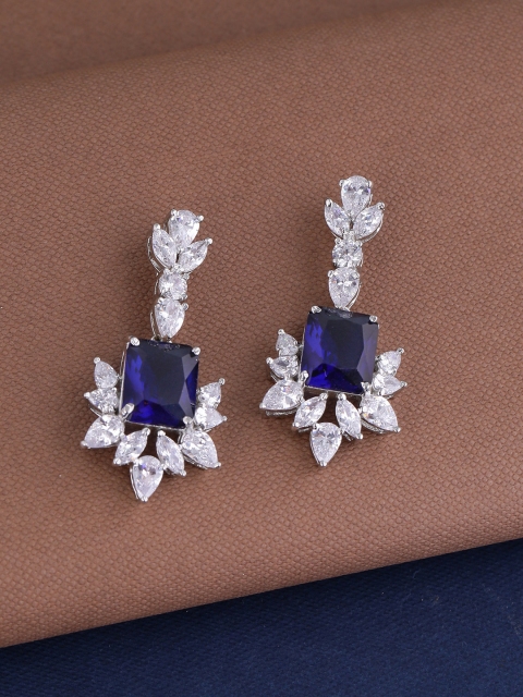 

Shoshaa Silver-Plated & Blue CZ-Studded Classic Drop Earrings