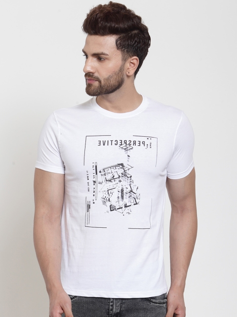 

Hue Men White Printed Round Neck T-shirt