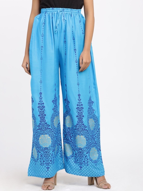 

SOUNDARYA Women Turquoise Blue & Gold-Toned Printed Straight Palazzos