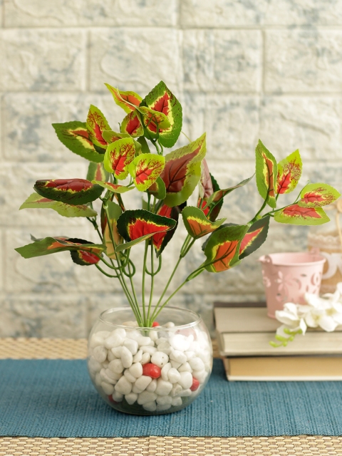

TIED RIBBONS Red & Green Artificial Plant With Glass Pot & Stones
