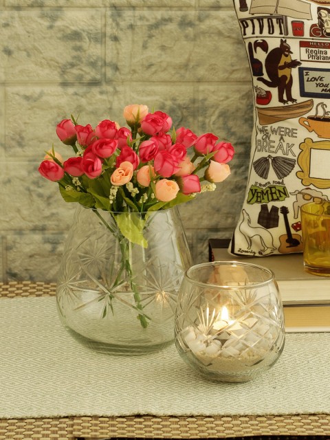 

TIED RIBBONS Set Of 2 Transparent & Pink Artificial Flower With Pot & Tea Light Candle Holder