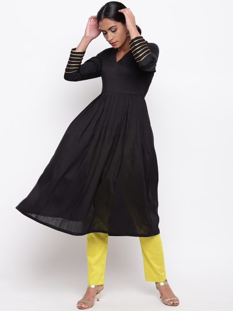 

trueBrowns Women Black & Yellow Solid Kurta with Trousers